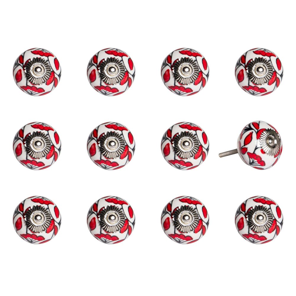 Set of Twelve Red And White Ceramic Drawer Pull Knobs HomeRoots