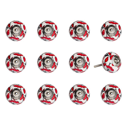 Set of Twelve Red And White Ceramic Drawer Pull Knobs HomeRoots