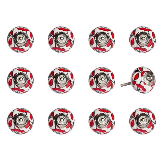 Set of Twelve Red And White Ceramic Drawer Pull Knobs HomeRoots