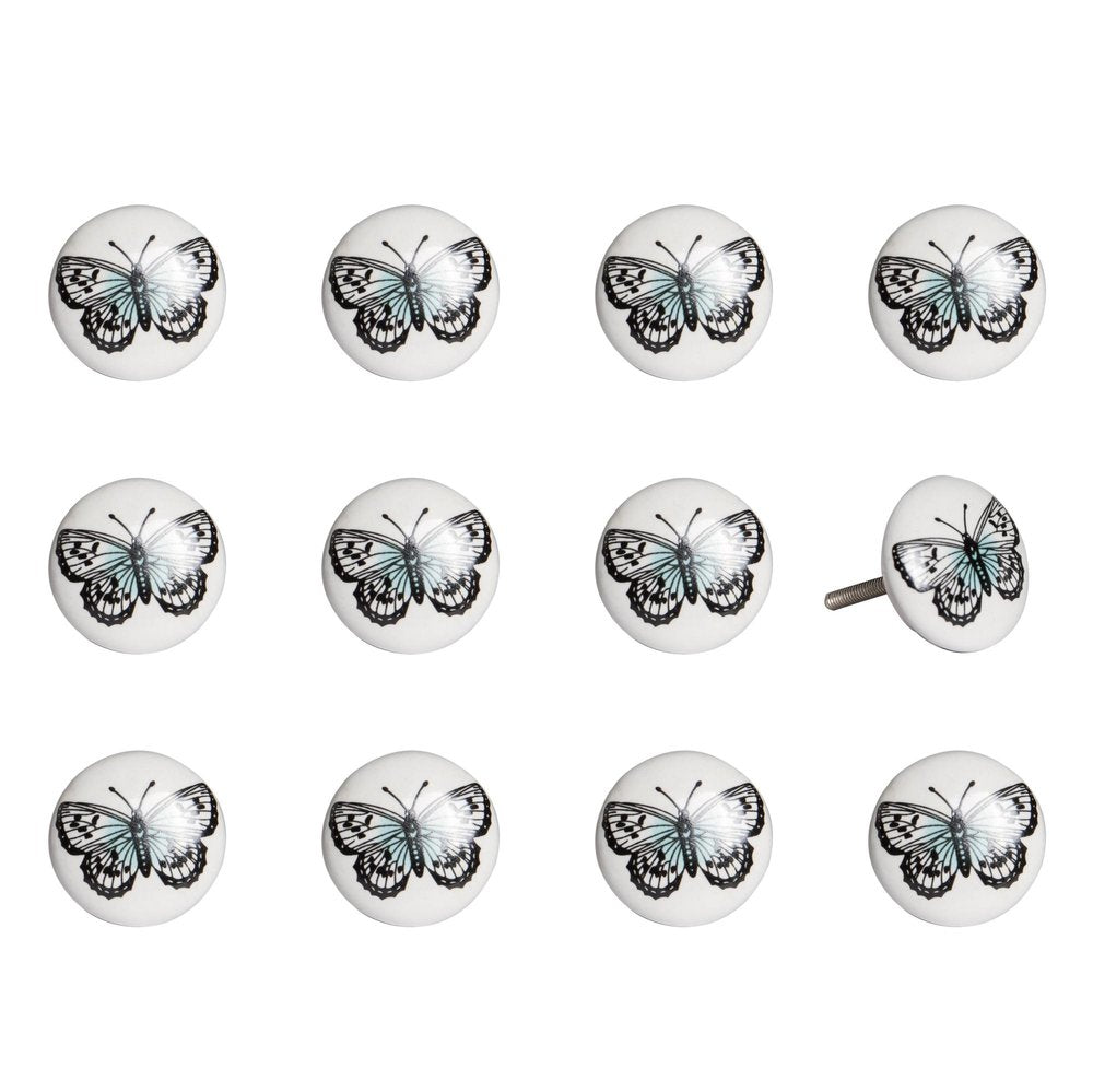 Set of Twelve Black And White Botanical Ceramic Drawer Pull Knobs HomeRoots