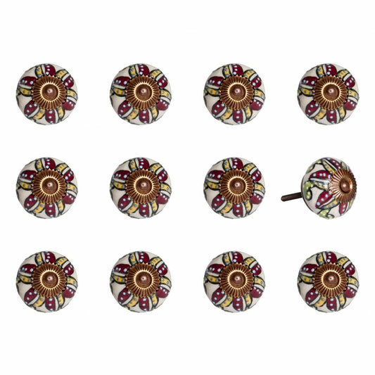 Set of Twelve Red And Yellow Botanical Ceramic Drawer Pull Knobs HomeRoots