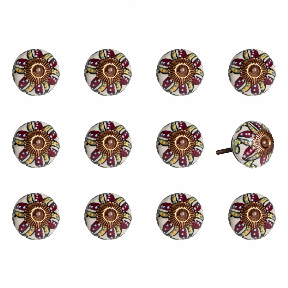Set of Twelve Red And Yellow Botanical Ceramic Drawer Pull Knobs HomeRoots