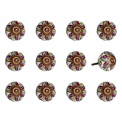 Set of Twelve Red And Yellow Botanical Ceramic Drawer Pull Knobs HomeRoots