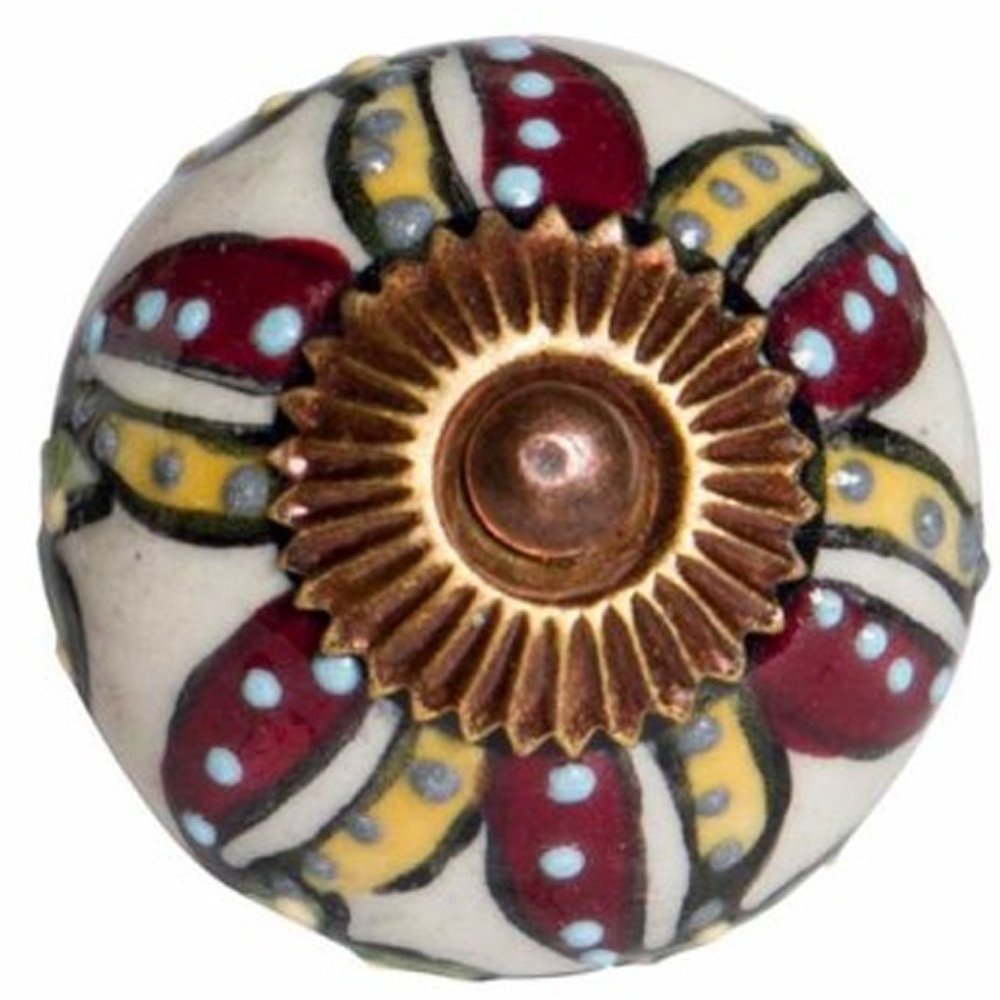 Set of Twelve Red And Yellow Botanical Ceramic Drawer Pull Knobs HomeRoots