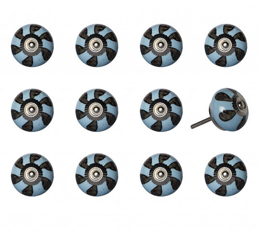 Set of Twelve Blue And Black Geometric Ceramic Drawer Pull Knobs HomeRoots