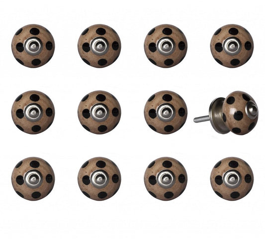 Set of Twelve Brown And Black Geometric Ceramic Drawer Pull Knobs HomeRoots