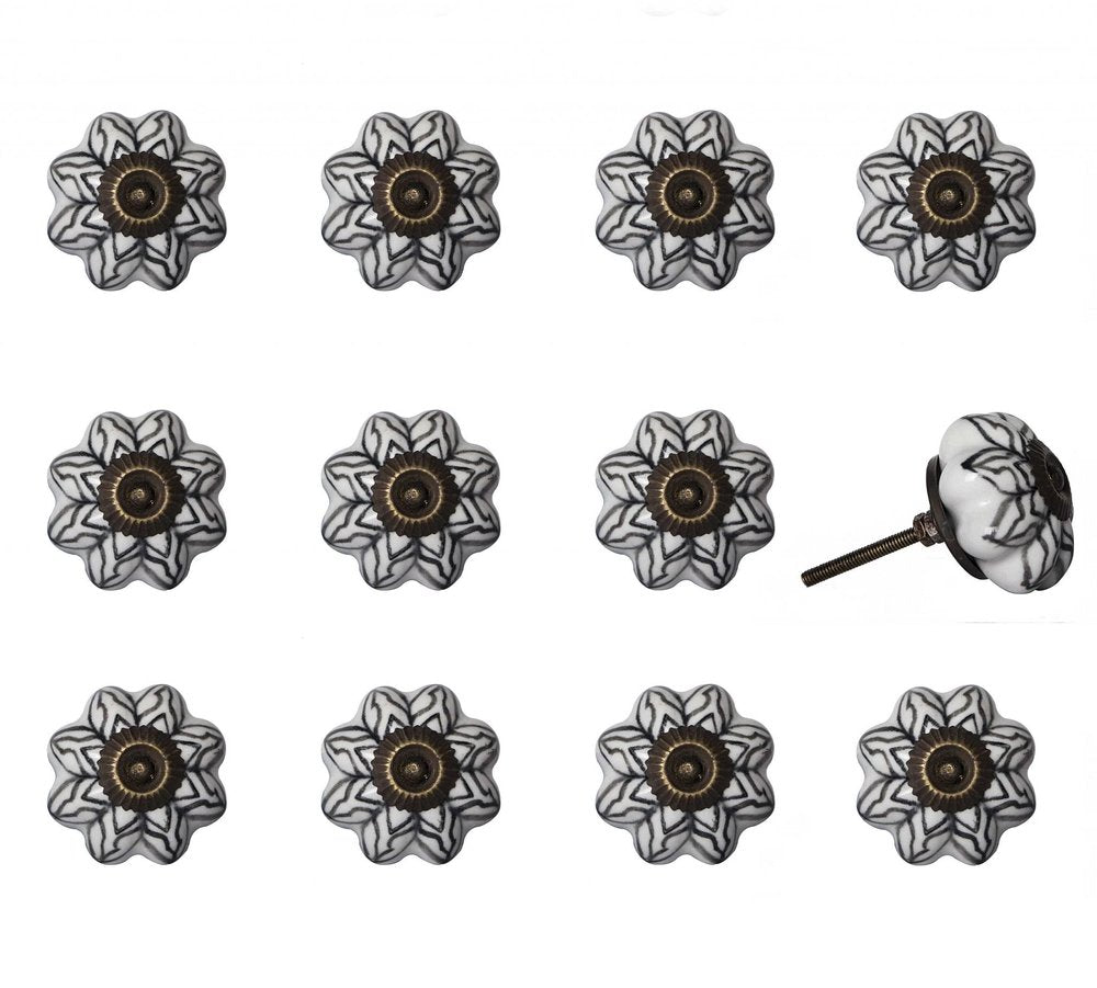 Set of Twelve Black And White Floral Ceramic Drawer Pull Knobs HomeRoots