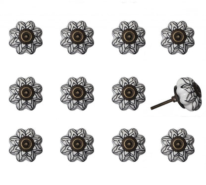 Set of Twelve Black And White Floral Ceramic Drawer Pull Knobs HomeRoots