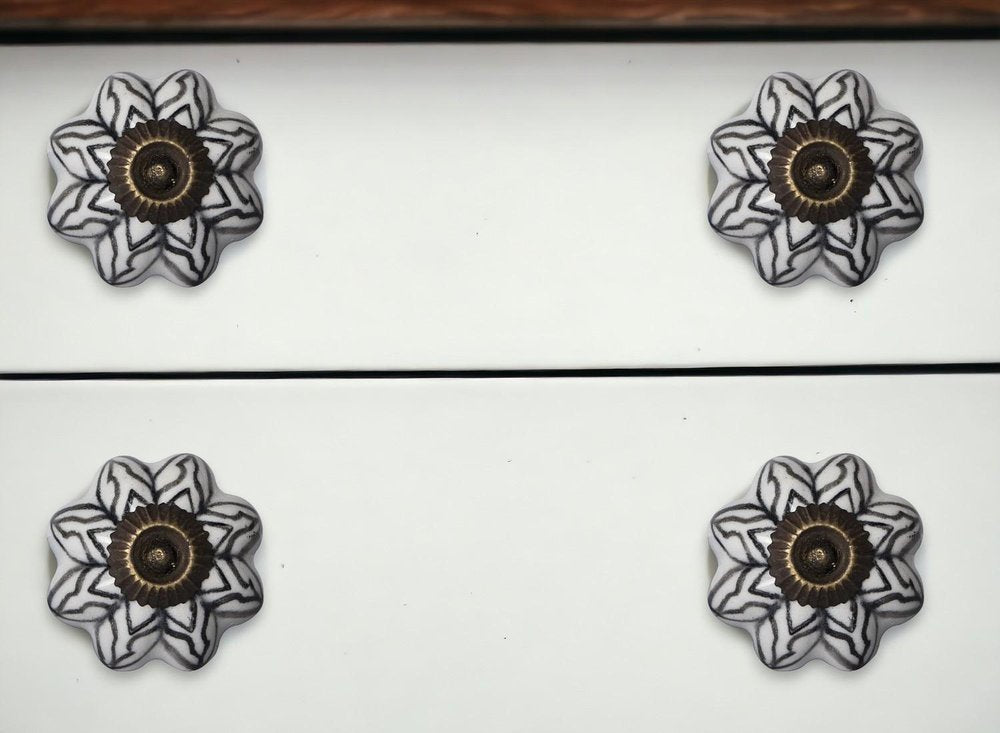 Set of Twelve Black And White Floral Ceramic Drawer Pull Knobs HomeRoots