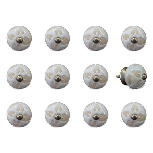 Set of Twelve Beige And White Floral Ceramic Drawer Pull Knobs HomeRoots