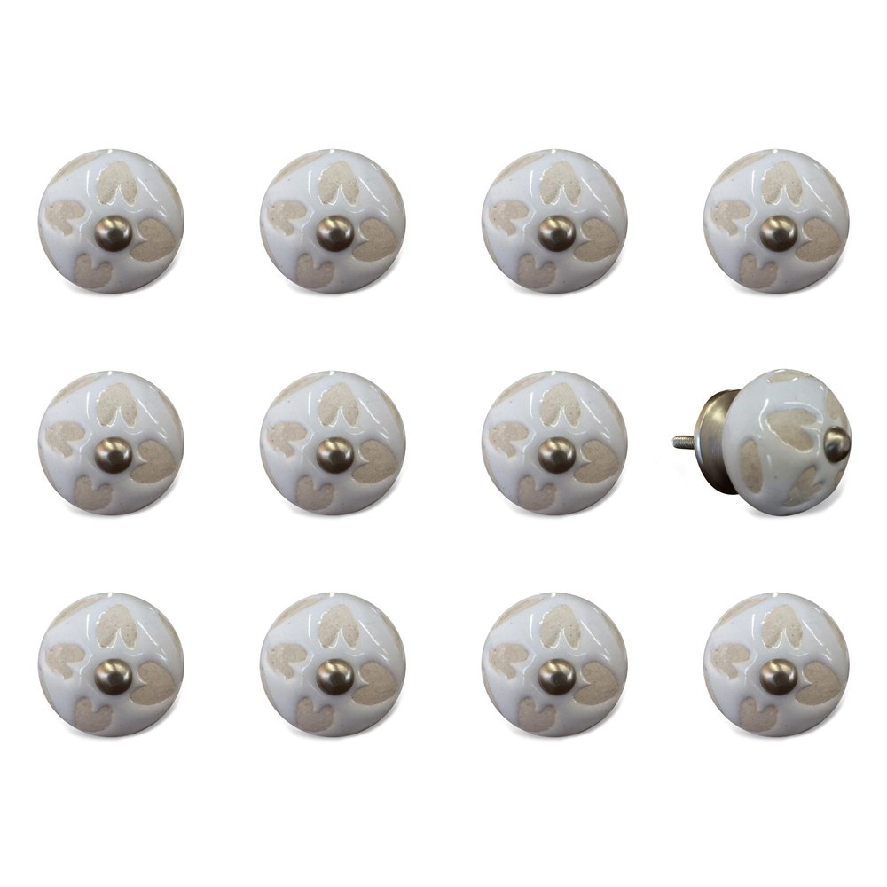 Set of Twelve Beige And White Floral Ceramic Drawer Pull Knobs HomeRoots
