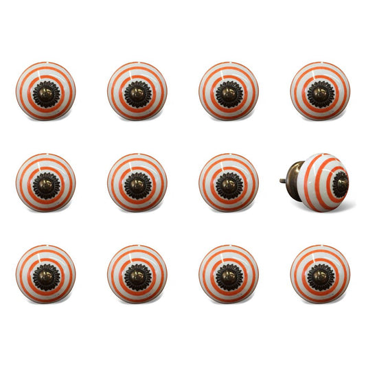 Set of Twelve Orange And White Geometric Ceramic Drawer Pull Knobs HomeRoots