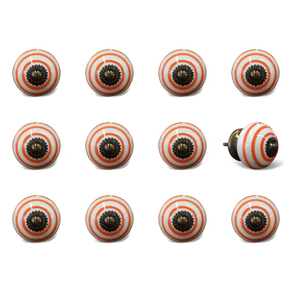 Set of Twelve Orange And White Geometric Ceramic Drawer Pull Knobs HomeRoots