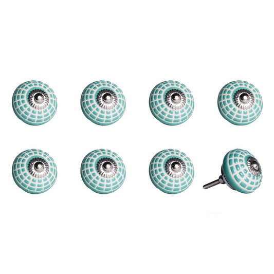 Set of Eight Turquoise And White Geometric Ceramic Drawer Pull Knobs HomeRoots
