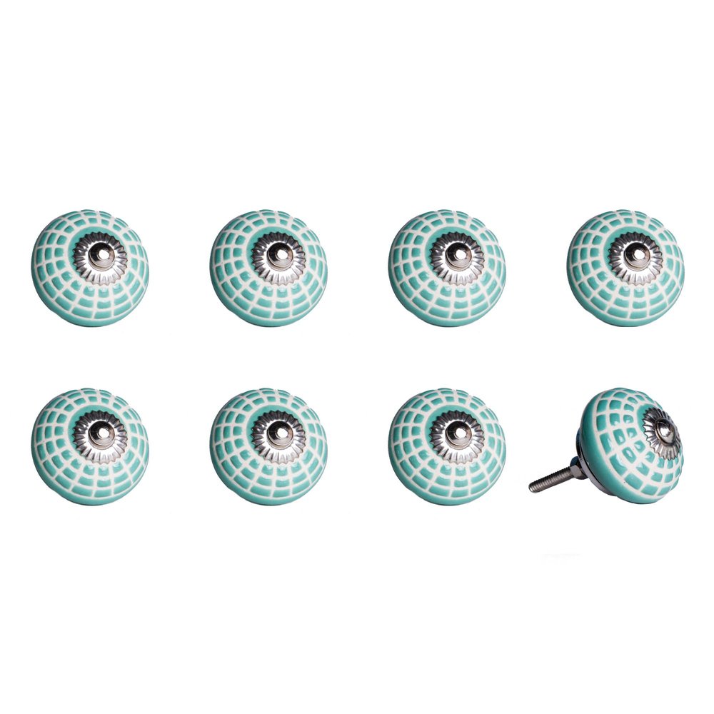 Set of Eight Turquoise And White Geometric Ceramic Drawer Pull Knobs HomeRoots