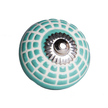 Set of Eight Turquoise And White Geometric Ceramic Drawer Pull Knobs HomeRoots