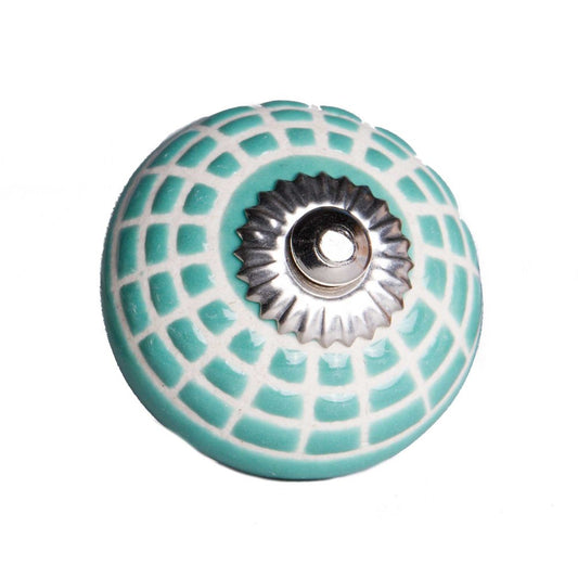 Set of Eight Turquoise And White Geometric Ceramic Drawer Pull Knobs HomeRoots