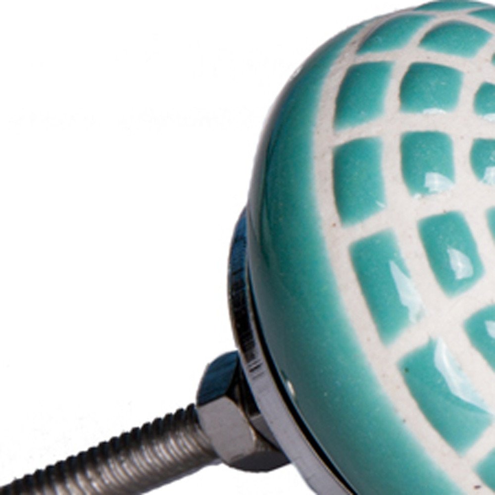 Set of Eight Turquoise And White Geometric Ceramic Drawer Pull Knobs HomeRoots