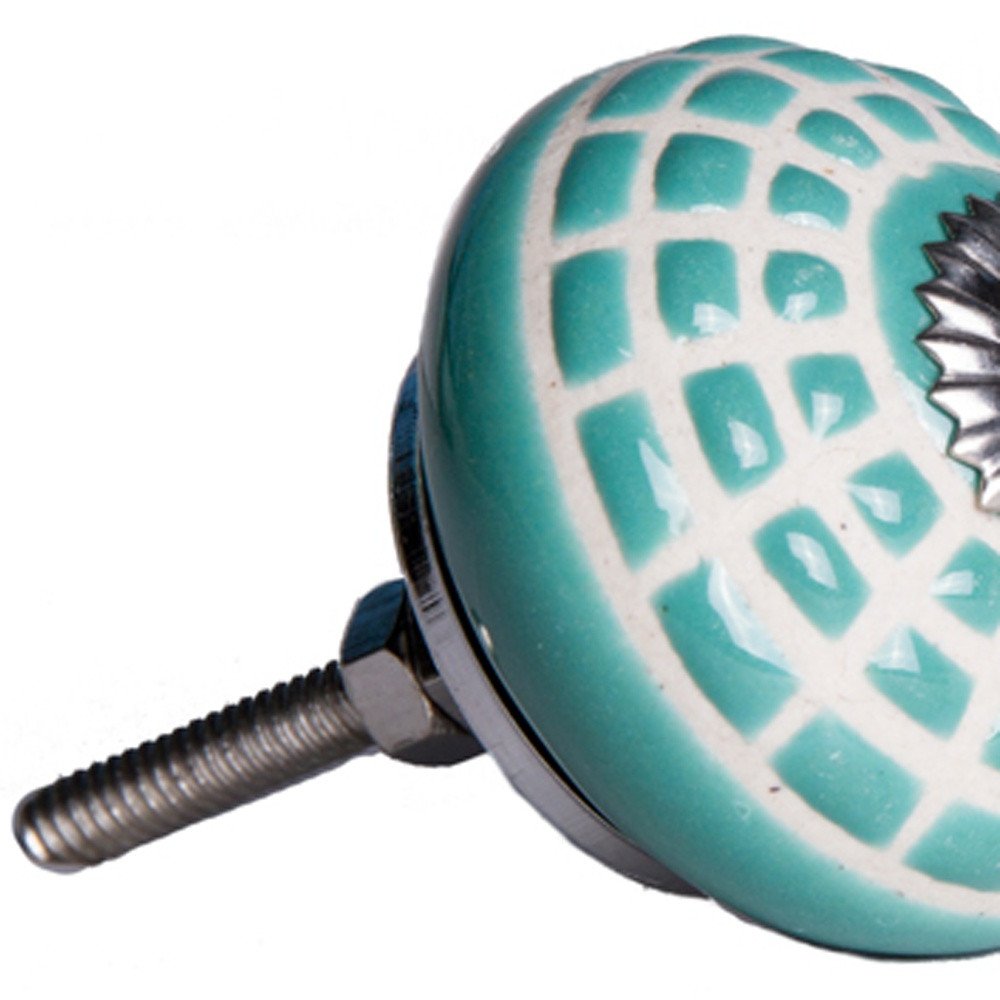 Set of Eight Turquoise And White Geometric Ceramic Drawer Pull Knobs HomeRoots