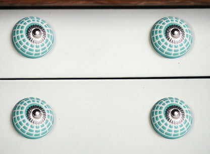 Set of Eight Turquoise And White Geometric Ceramic Drawer Pull Knobs HomeRoots
