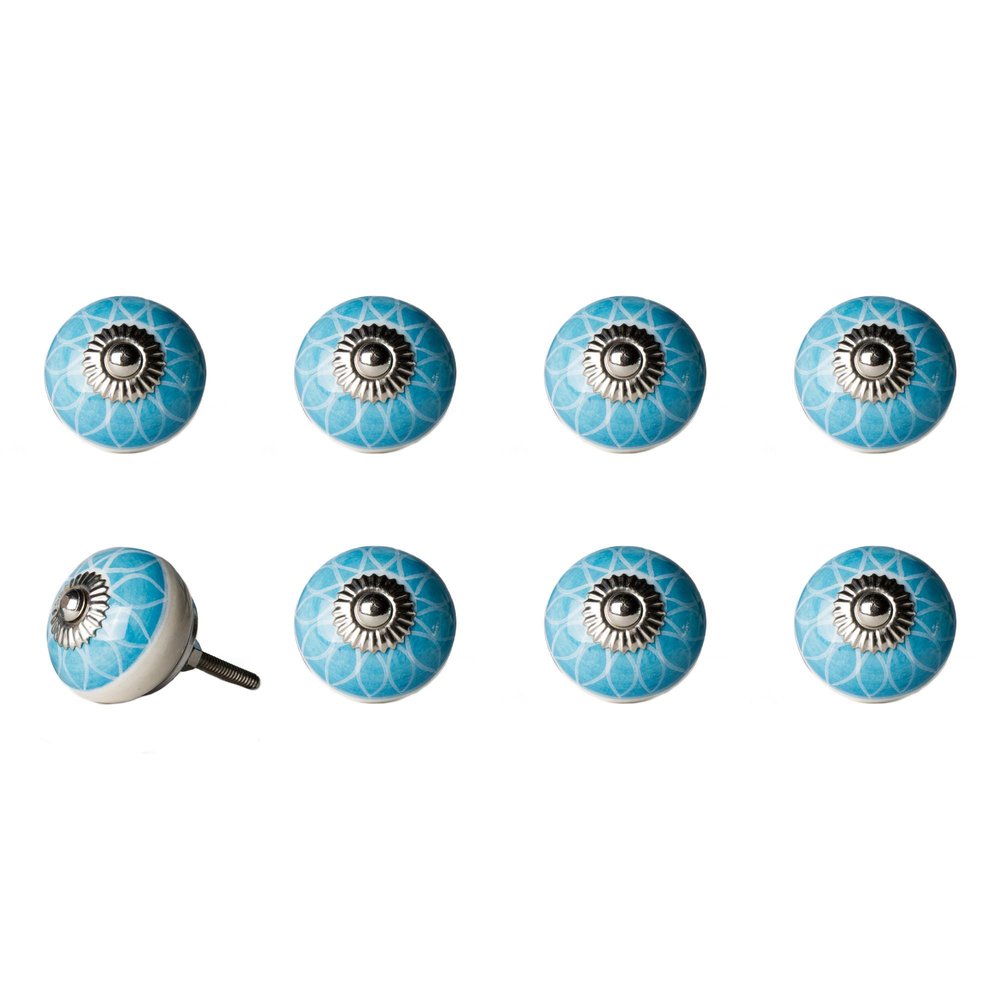 Set of Eight Aqua And White Floral Ceramic Drawer Pull Knobs HomeRoots