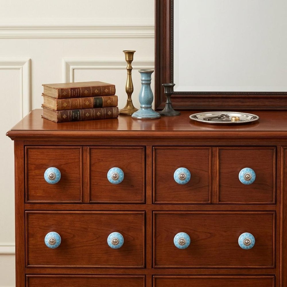 Set of Eight Aqua And White Floral Ceramic Drawer Pull Knobs HomeRoots
