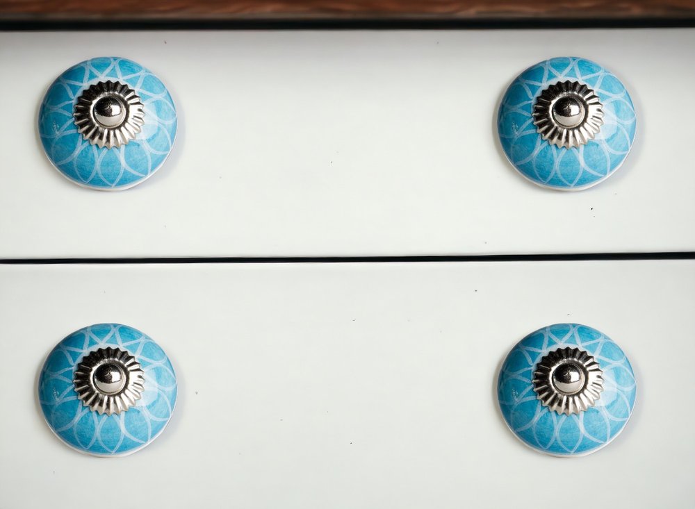 Set of Eight Aqua And White Floral Ceramic Drawer Pull Knobs HomeRoots