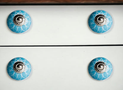 Set of Eight Aqua And White Floral Ceramic Drawer Pull Knobs HomeRoots