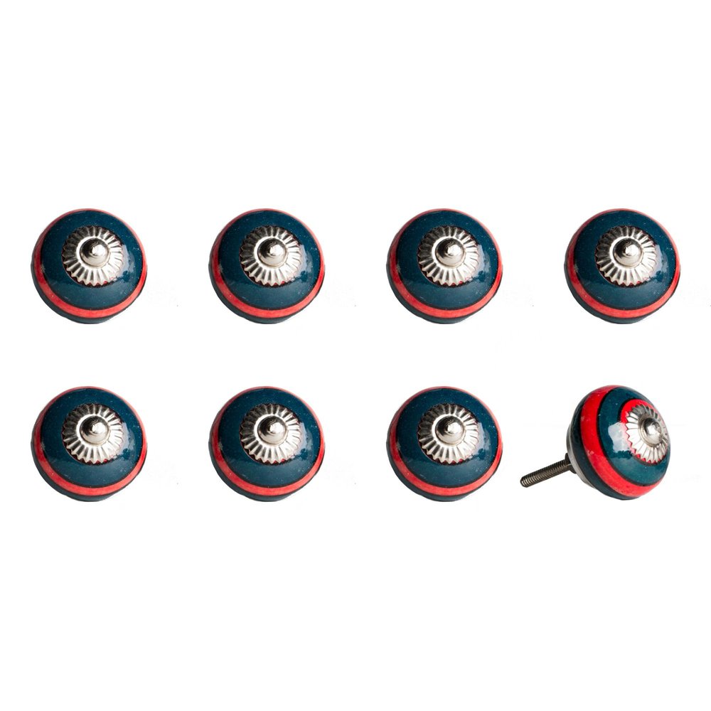Set of Eight Navy Blue And Red Geometric Ceramic Drawer Pull Knobs HomeRoots
