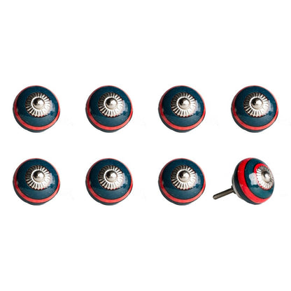 Set of Eight Navy Blue And Red Geometric Ceramic Drawer Pull Knobs HomeRoots