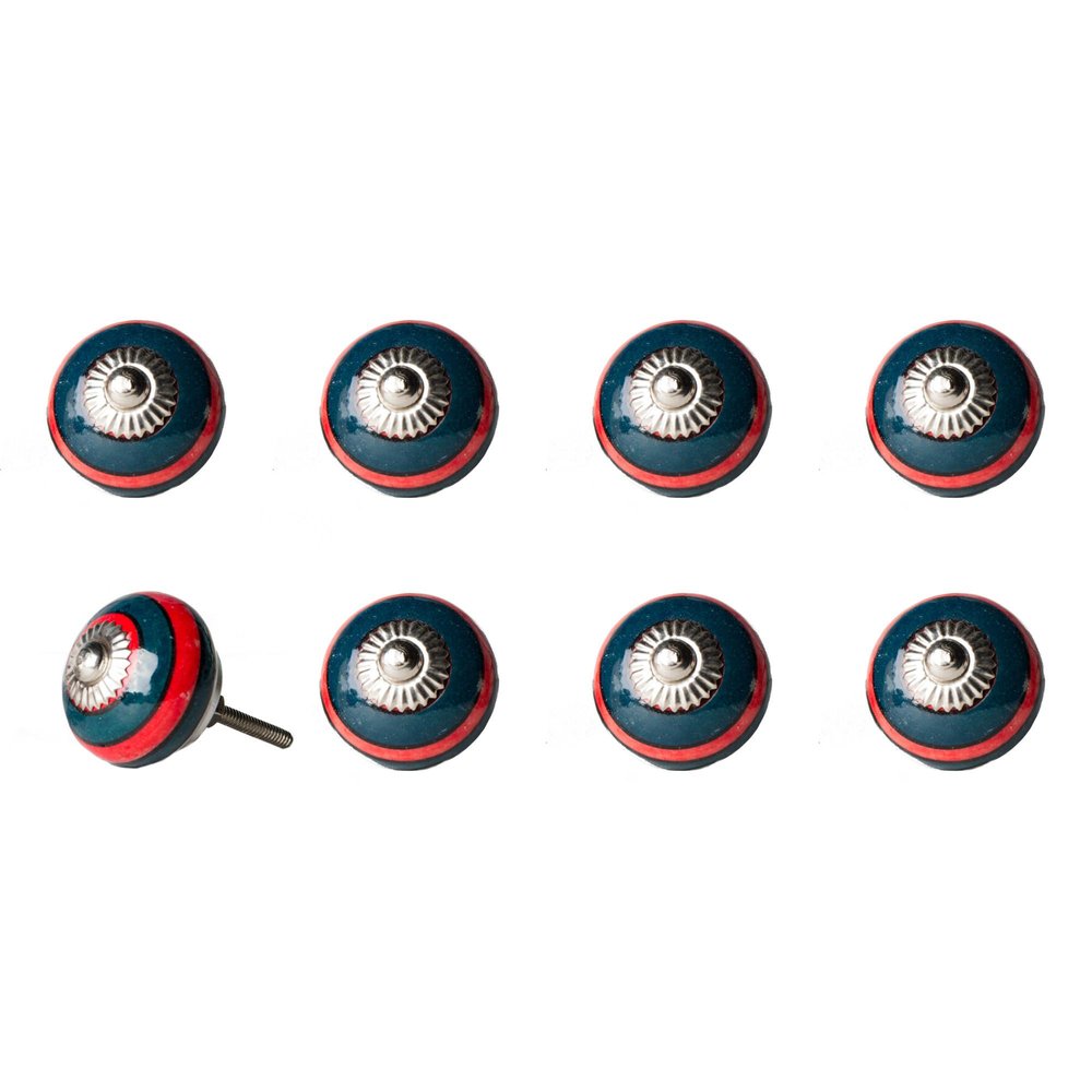 Set of Eight Navy Blue And Red Geometric Ceramic Drawer Pull Knobs HomeRoots