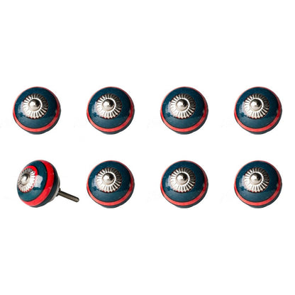 Set of Eight Navy Blue And Red Geometric Ceramic Drawer Pull Knobs HomeRoots