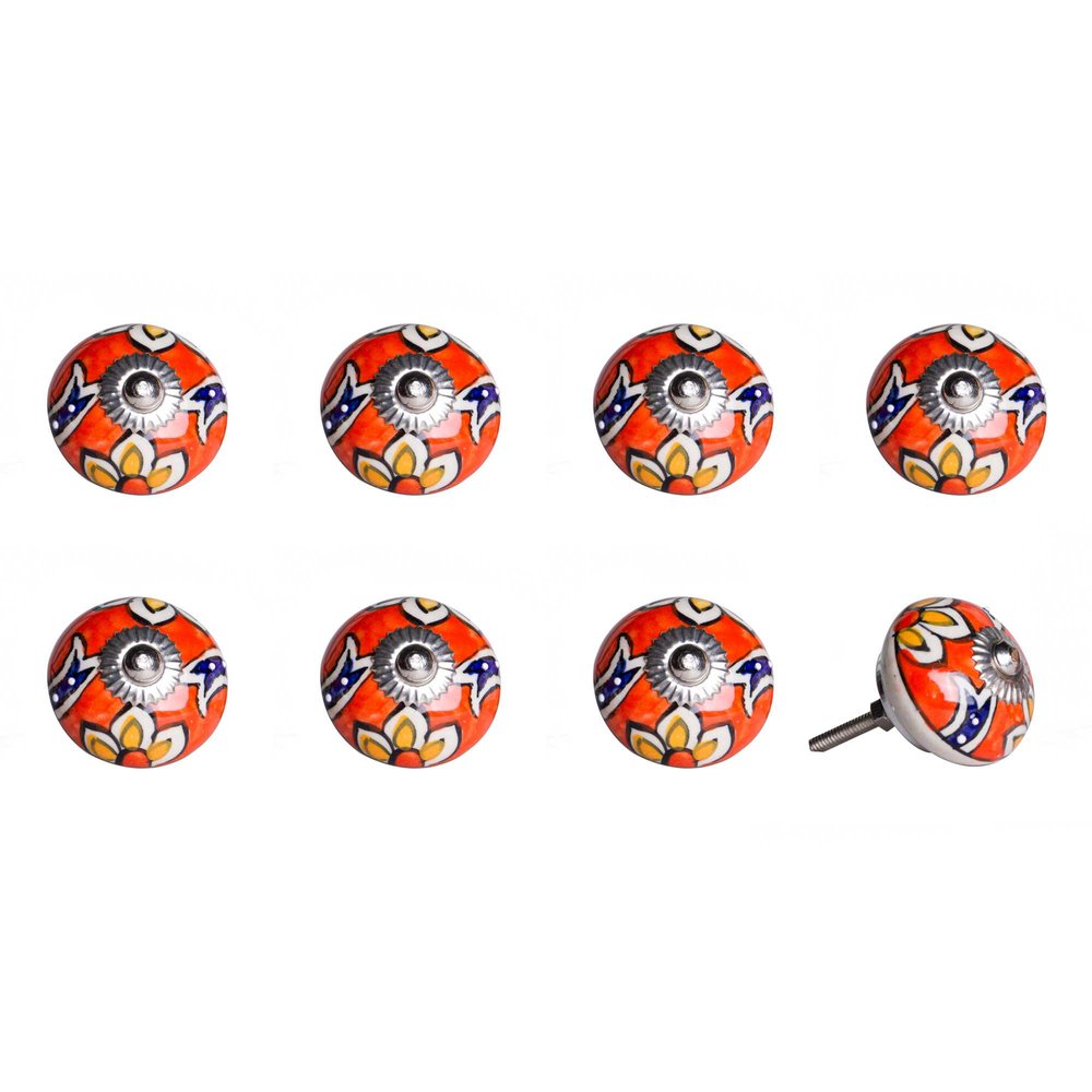 Set of Eight Orange And White Floral Ceramic Drawer Pull Knobs HomeRoots