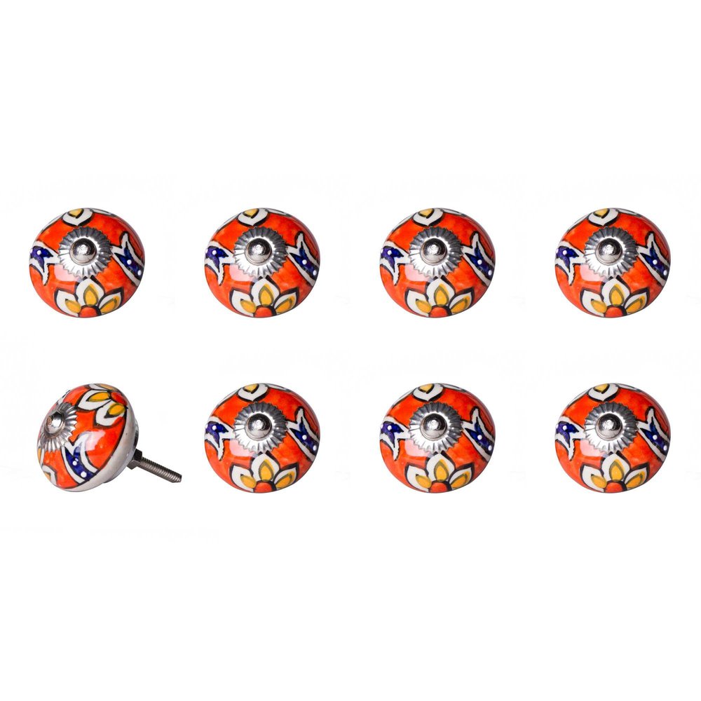 Set of Eight Orange And White Floral Ceramic Drawer Pull Knobs HomeRoots