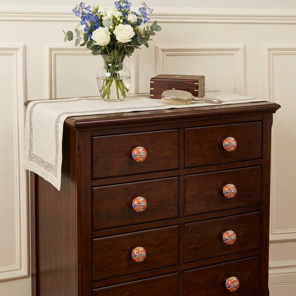 Set of Eight Orange And White Floral Ceramic Drawer Pull Knobs HomeRoots