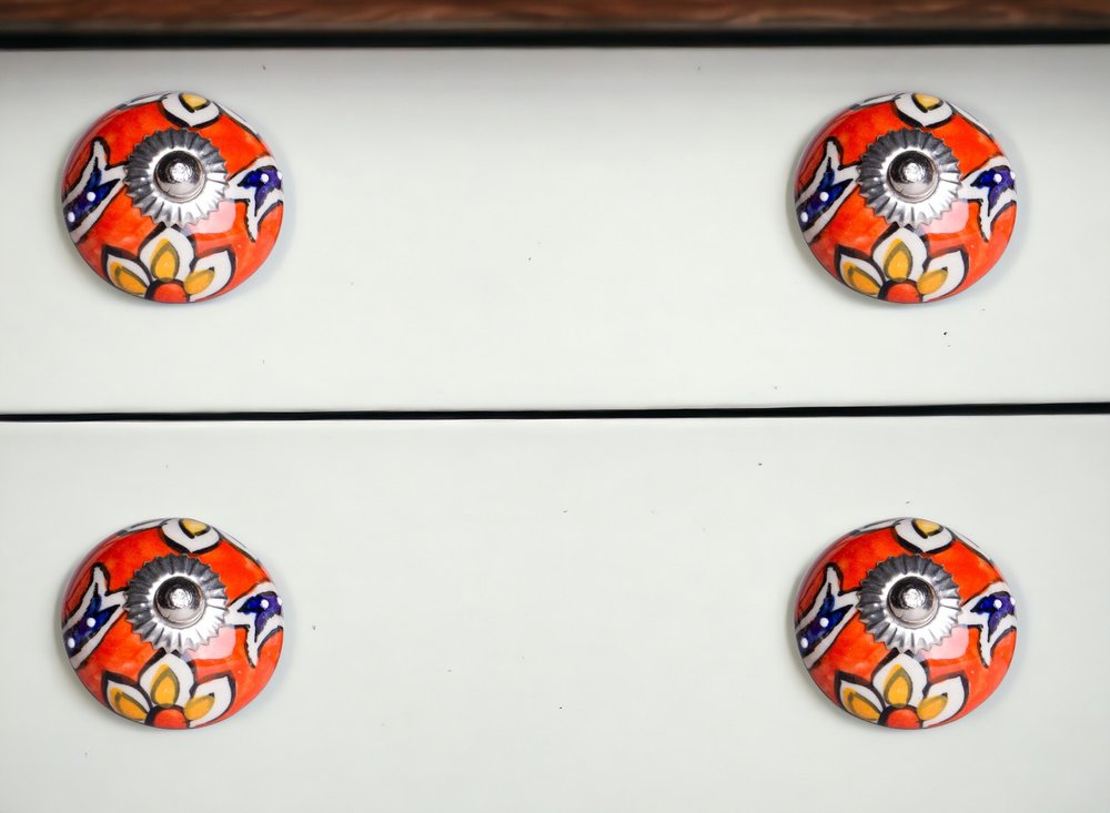 Set of Eight Orange And White Floral Ceramic Drawer Pull Knobs HomeRoots