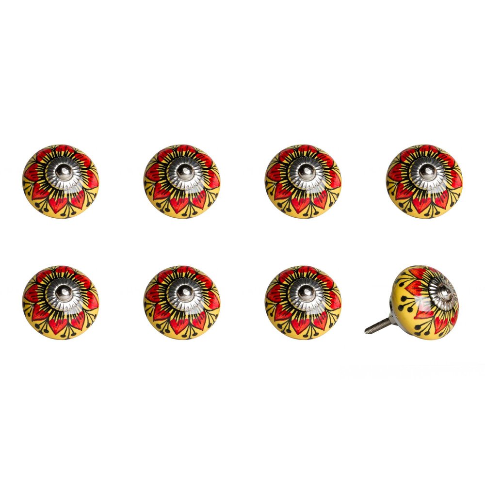 Set of Eight Yellow And Black Floral Ceramic Drawer Pull Knobs HomeRoots