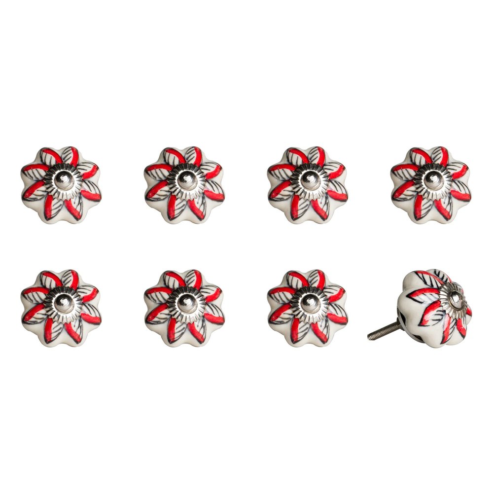 Set of Eight Red And White Floral Ceramic Drawer Pull Knobs HomeRoots