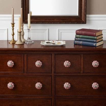 Set of Eight Red And White Floral Ceramic Drawer Pull Knobs HomeRoots