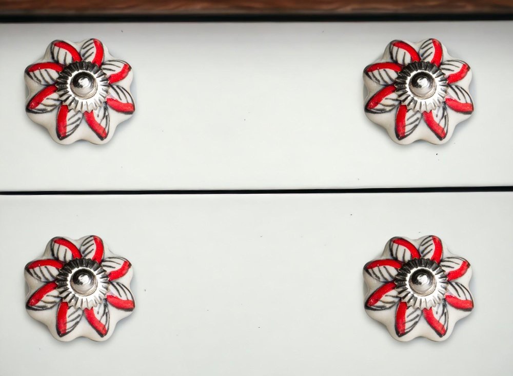 Set of Eight Red And White Floral Ceramic Drawer Pull Knobs HomeRoots