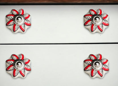 Set of Eight Red And White Floral Ceramic Drawer Pull Knobs HomeRoots