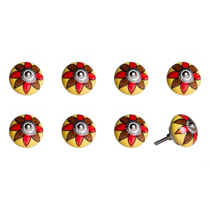 Set of Eight Red And Yellow Floral Ceramic Drawer Pull Knobs HomeRoots