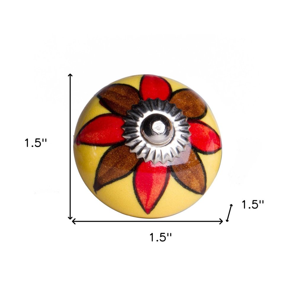 Set of Eight Red And Yellow Floral Ceramic Drawer Pull Knobs HomeRoots