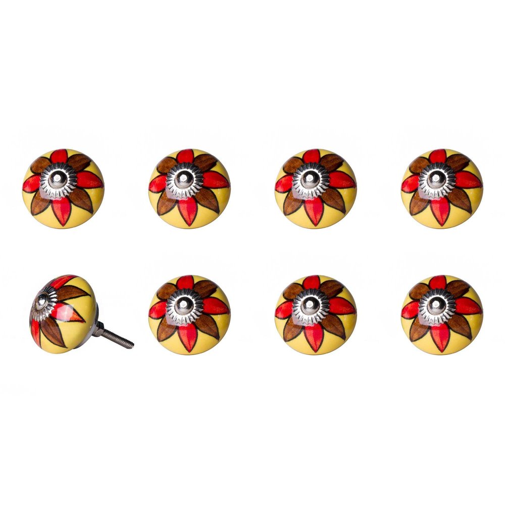 Set of Eight Red And Yellow Floral Ceramic Drawer Pull Knobs HomeRoots