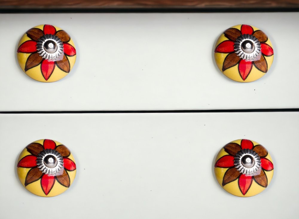 Set of Eight Red And Yellow Floral Ceramic Drawer Pull Knobs HomeRoots