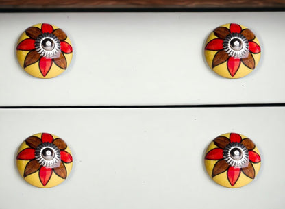 Set of Eight Red And Yellow Floral Ceramic Drawer Pull Knobs HomeRoots