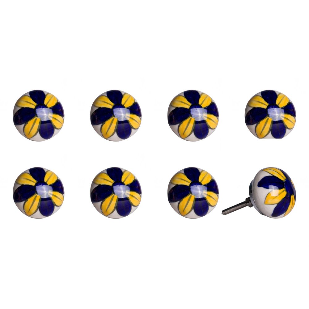 Set of Eight Blue And Yellow Floral Ceramic Drawer Pull Knobs HomeRoots