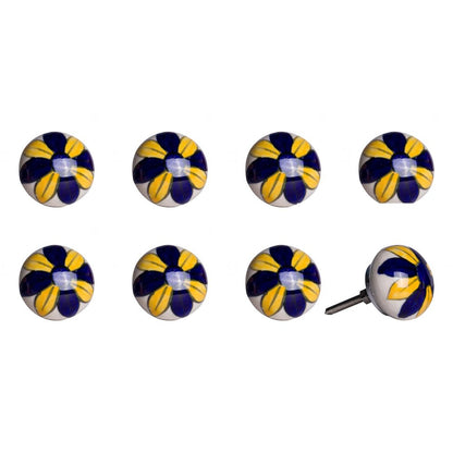 Set of Eight Blue And Yellow Floral Ceramic Drawer Pull Knobs HomeRoots