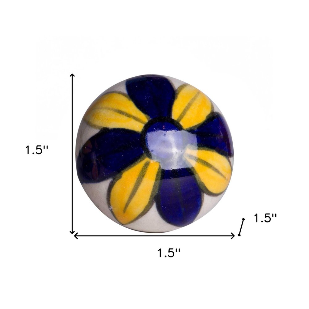 Set of Eight Blue And Yellow Floral Ceramic Drawer Pull Knobs HomeRoots