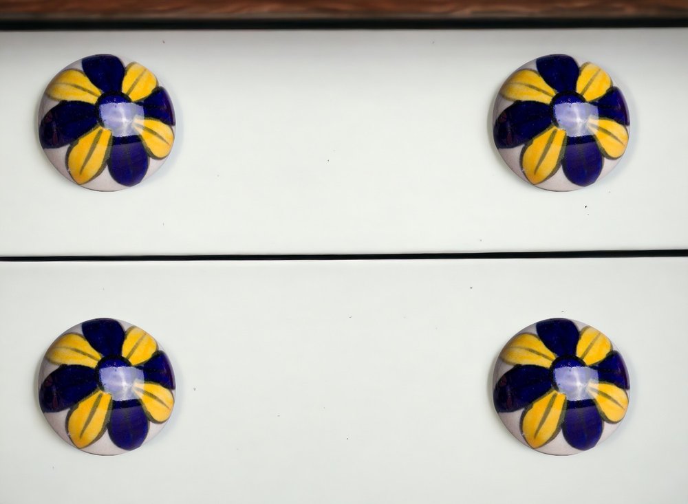 Set of Eight Blue And Yellow Floral Ceramic Drawer Pull Knobs HomeRoots